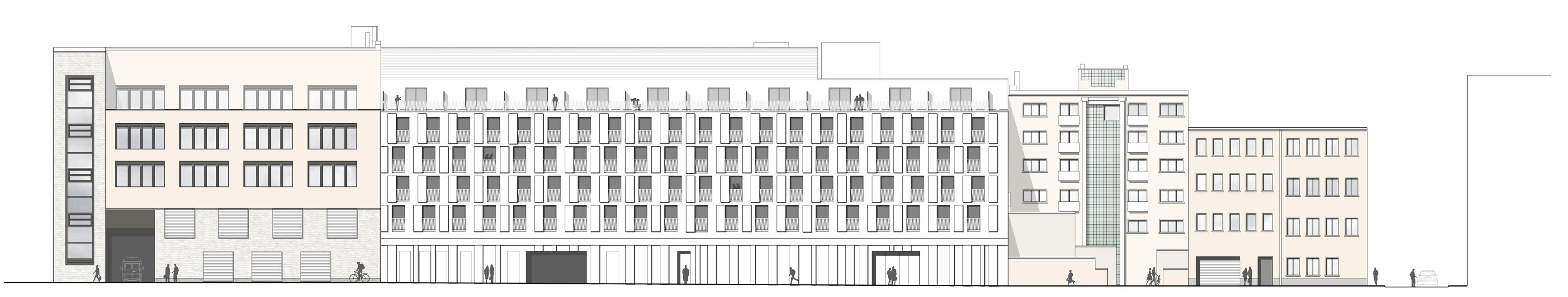 Ansicht Kronengasse Fassade "Motel one" Caecilienstraße Köln